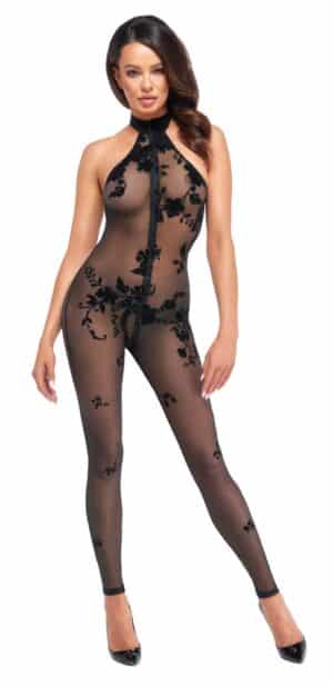 Noir Overall aus Stretchnetz mit Samtflockprint
